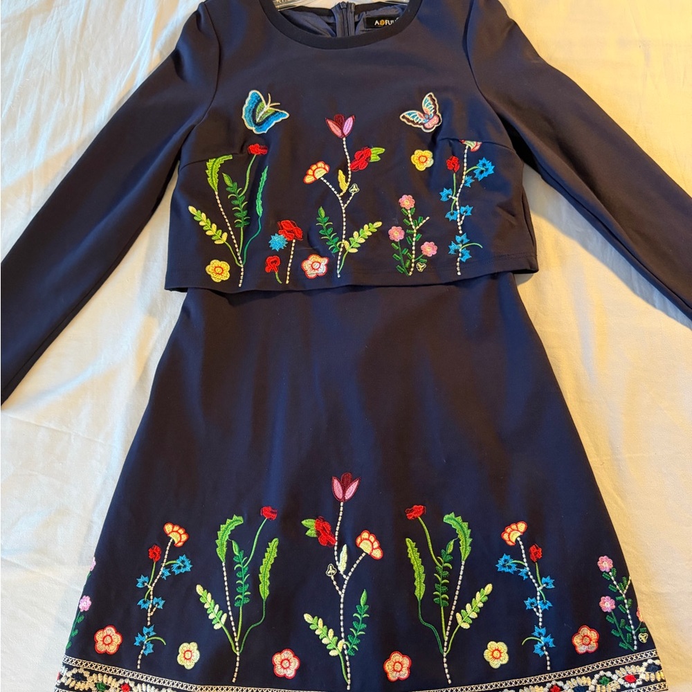 Ariya Navy Dress with Colorful Floral Embroidery